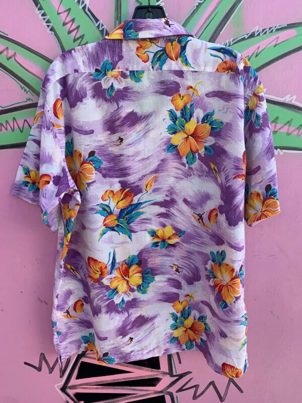 NICE! 1970S CUSTOM MADE HAWAIIAN SHIRT HIBISCUS SURFING PRINT