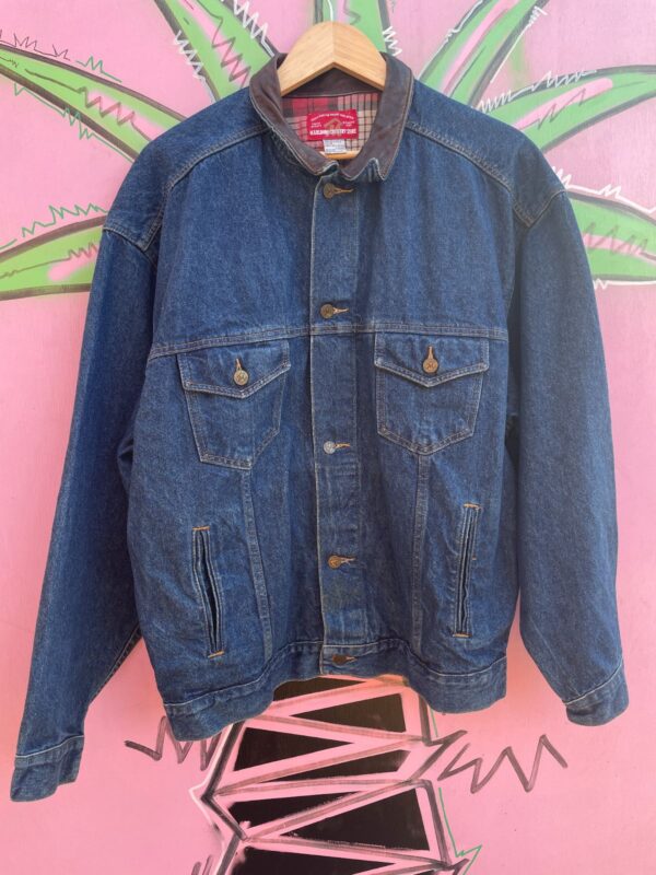 *AS-IS* LEATHER COLLAR PLAID LINED DENIM JACKET