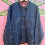 *AS-IS* LEATHER COLLAR PLAID LINED DENIM JACKET