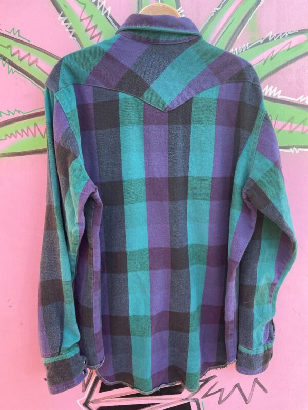 1990S BRIGHT! HEAVY COTTON BUFFALO CHECK BLACK PEARL SNAP BUTTON UP FLANNEL SHIRT