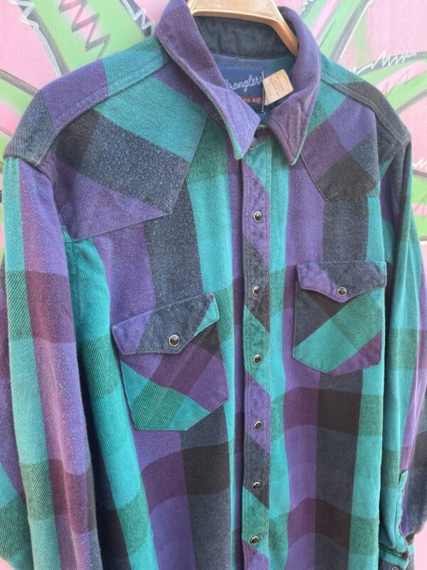 1990S BRIGHT! HEAVY COTTON BUFFALO CHECK BLACK PEARL SNAP BUTTON UP FLANNEL SHIRT