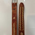 *AS-IS* MADE IN ITALY, HEAVY TAN LEATHER BELT, DECORATIVE EMBOSSING & LEATHER STITCHING, BRASS BUCKLE