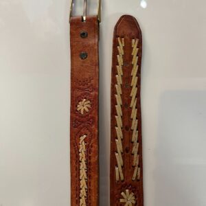 Photo detail:*AS-IS* MADE IN ITALY, HEAVY TAN LEATHER BELT, DECORATIVE EMBOSSING & LEATHER STITCHING, BRASS BUCKLE