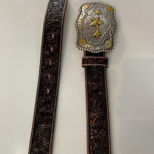 Photo detail:MADE IN USA ORNATE TOOLED & EMBOSSED DESIGN WESTERN LEATHER BELT, OVERSIZED 2-TONE RODEO STAR BELT BUCKLE WITH STARS