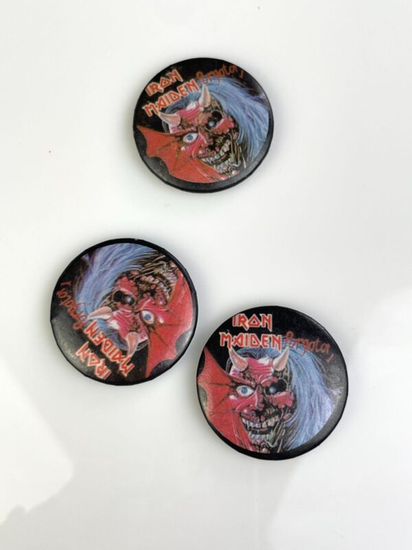 ORIGINAL 1980S IRON MAIDEN PURGATORY GRAPHIC BUTTON PIN