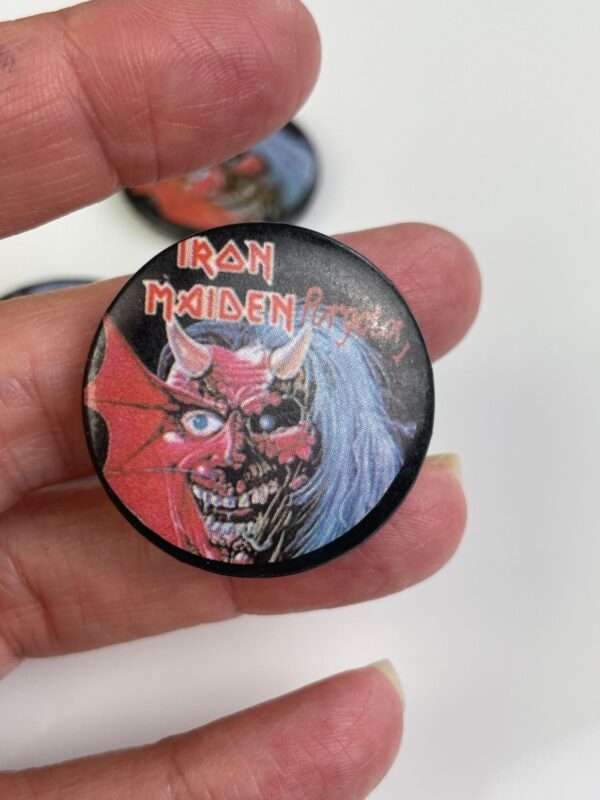 ORIGINAL 1980S IRON MAIDEN PURGATORY GRAPHIC BUTTON PIN