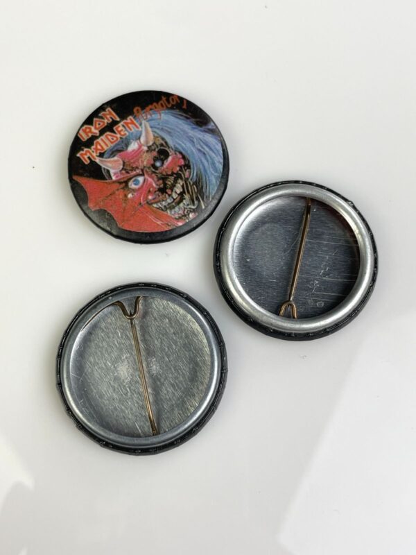ORIGINAL 1980S IRON MAIDEN PURGATORY GRAPHIC BUTTON PIN
