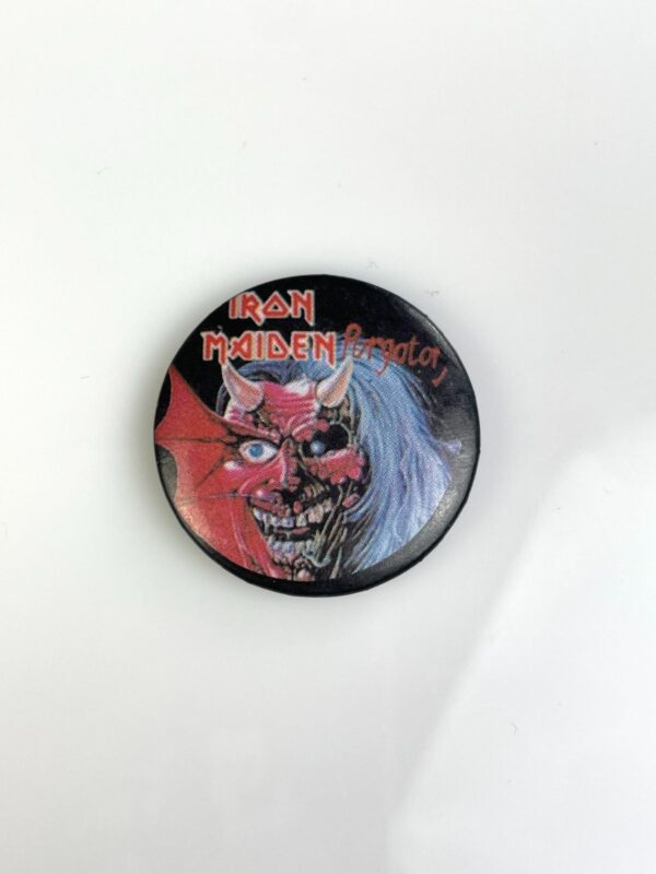 ORIGINAL 1980S IRON MAIDEN PURGATORY GRAPHIC BUTTON PIN