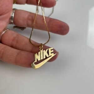 Photo detail:BRASS NIKE LOGO PENDANT, GOLD PLATED DEADSTOCK SNAKE CHAIN NECKLACE