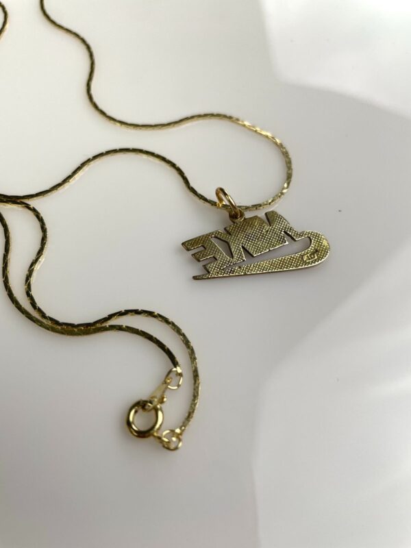 BRASS NIKE SWOOSH LOGO PENDANT, GOLD PLATED DEADSTOCK SNAKE CHAIN NECKLACE