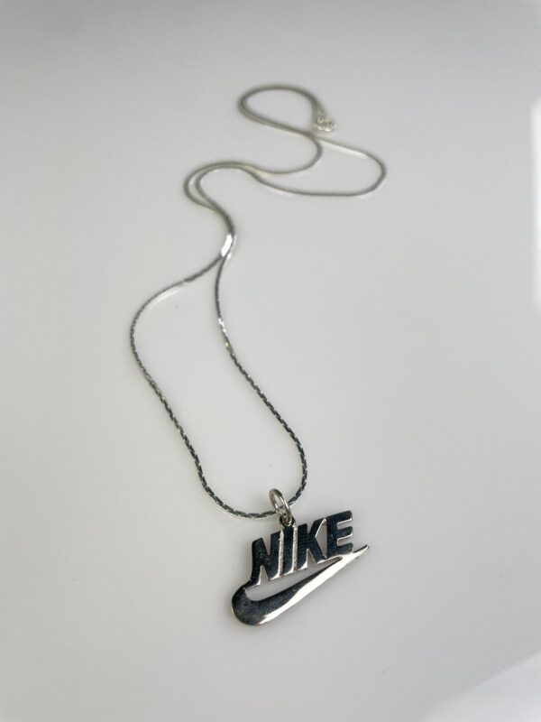 SILVER PLATED NIKE LOGO PENDANT, SILVER PLATED DEADSTOCK SNAKE CHAIN NECKLACE