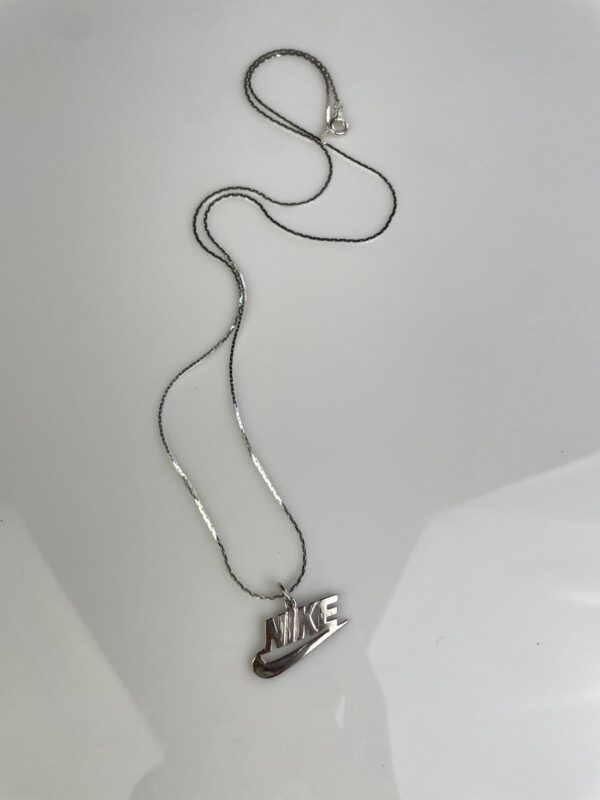 SILVER PLATED NIKE LOGO PENDANT, SILVER PLATED DEADSTOCK SNAKE CHAIN NECKLACE