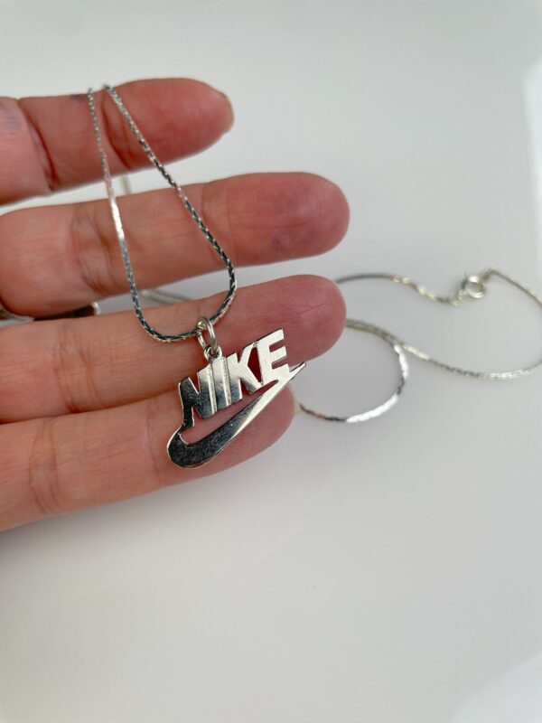 SILVER PLATED NIKE LOGO PENDANT, SILVER PLATED DEADSTOCK SNAKE CHAIN NECKLACE