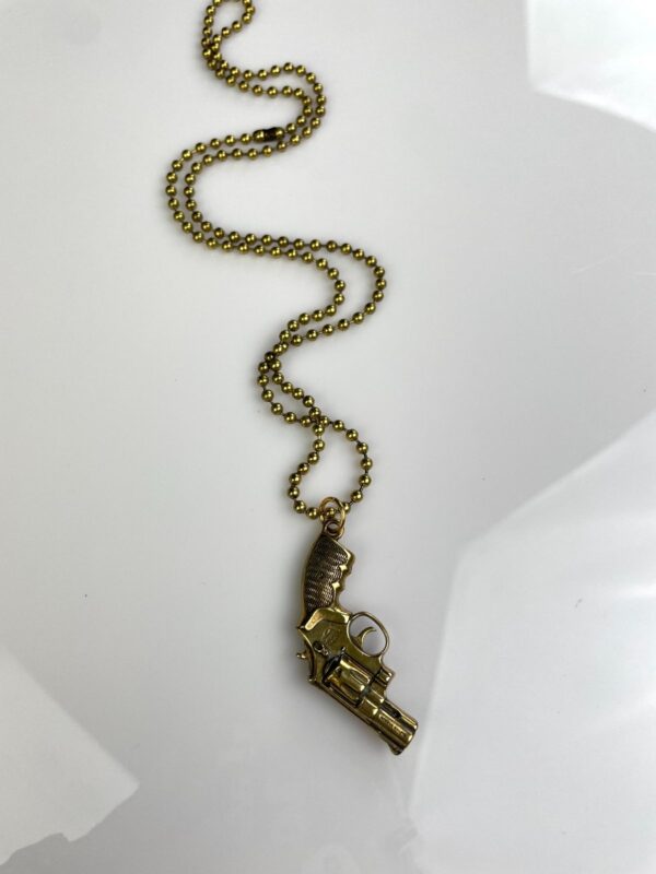 MINIATURE SOLID BRASS REPLICA PISTOL GUN REVOLVER CHARM NECKLACE, HEAVY BALL CHAIN