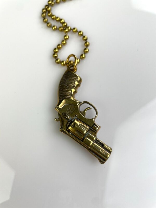 MINIATURE SOLID BRASS REPLICA PISTOL GUN REVOLVER CHARM NECKLACE, HEAVY BALL CHAIN