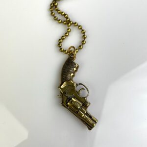 Photo detail:MINIATURE SOLID BRASS REPLICA PISTOL GUN REVOLVER CHARM NECKLACE, HEAVY BALL CHAIN
