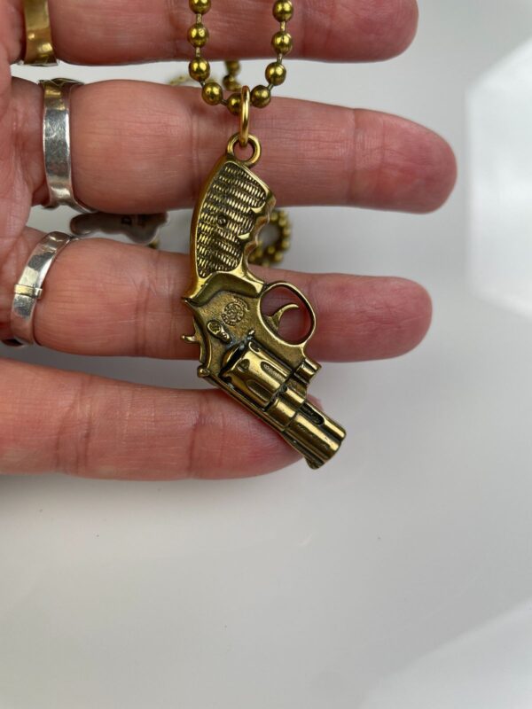 MINIATURE SOLID BRASS REPLICA PISTOL GUN REVOLVER CHARM NECKLACE, HEAVY BALL CHAIN