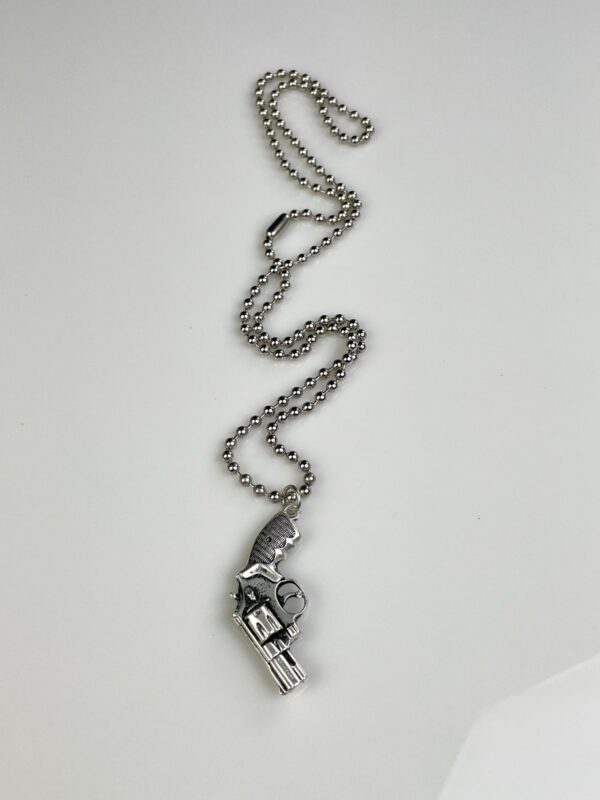 MINIATURE SOLID BRASS REPLICA PISTOL GUN REVOLVER CHARM NECKLACE, HEAVY BALL CHAIN
