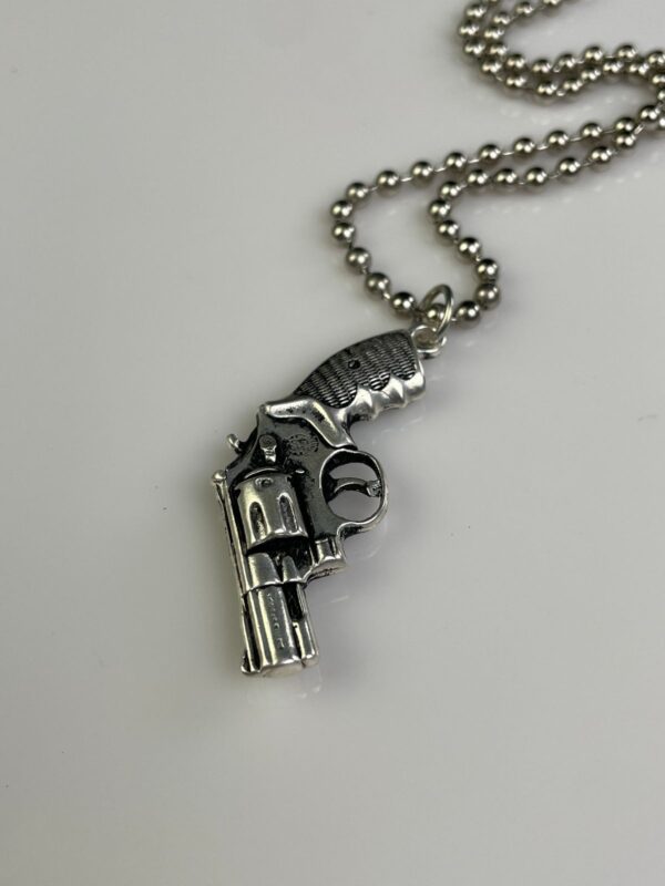MINIATURE SOLID BRASS REPLICA PISTOL GUN REVOLVER CHARM NECKLACE, HEAVY BALL CHAIN