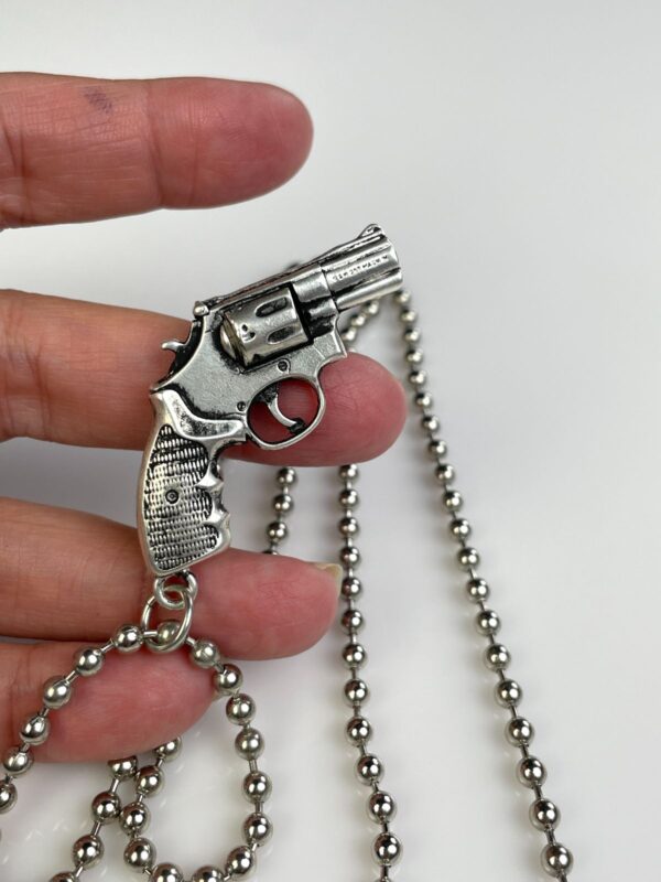 MINIATURE SOLID BRASS REPLICA PISTOL GUN REVOLVER CHARM NECKLACE, HEAVY BALL CHAIN