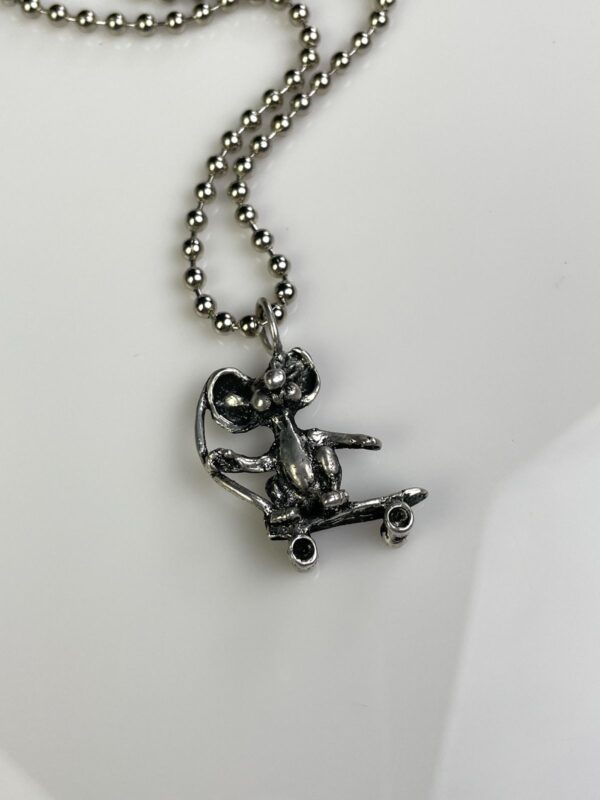 SILVER PLATED SOLID BRASS CASTED SKATE RAT PENDANT NECKLACE W/ LARGE BRASS BALL CHAIN