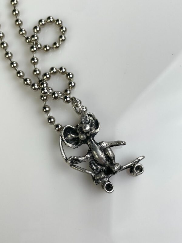 SILVER PLATED SOLID BRASS CASTED SKATE RAT PENDANT NECKLACE W/ LARGE BRASS BALL CHAIN