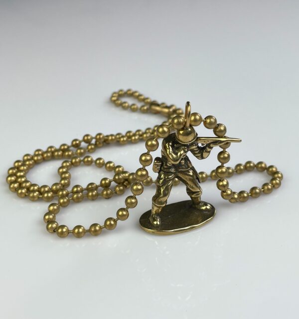 SOLID BRASS CASTED ARMY MAN TOY REPLICA PENDANT NECKLACE, HEAVY BALL CHAIN