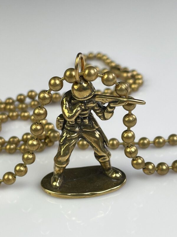 SOLID BRASS CASTED ARMY MAN TOY REPLICA PENDANT NECKLACE, HEAVY BALL CHAIN