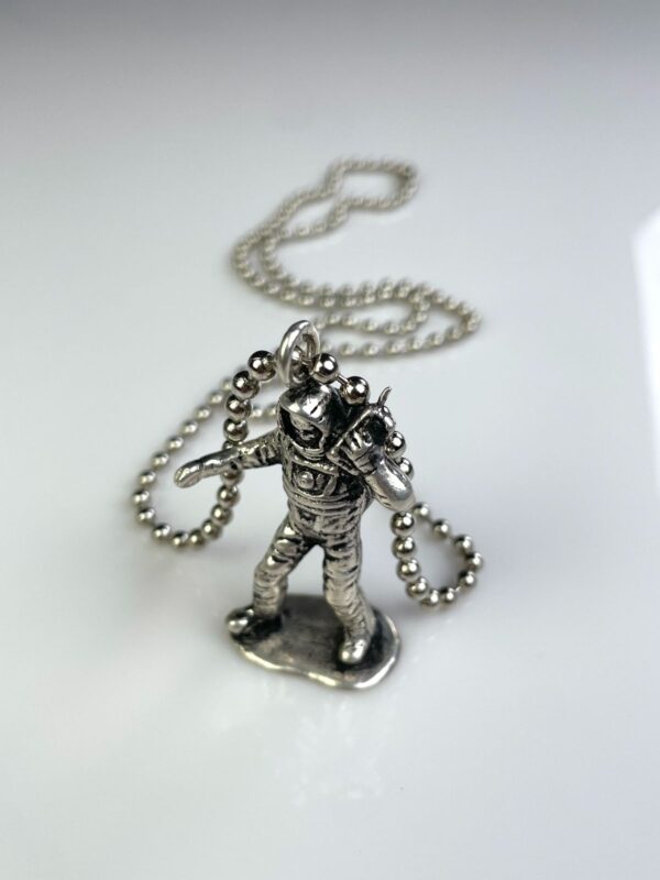 SILVER PLATED SOLID BRASS CASTED MOON MAN TOY REPLICA PENDANT NECKLACE, HEAVY BALL CHAIN