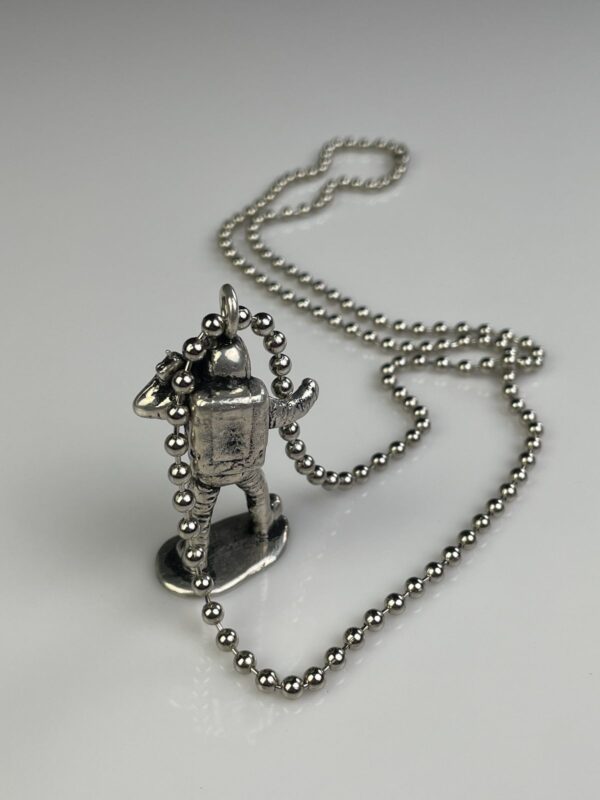SILVER PLATED SOLID BRASS CASTED MOON MAN TOY REPLICA PENDANT NECKLACE, HEAVY BALL CHAIN