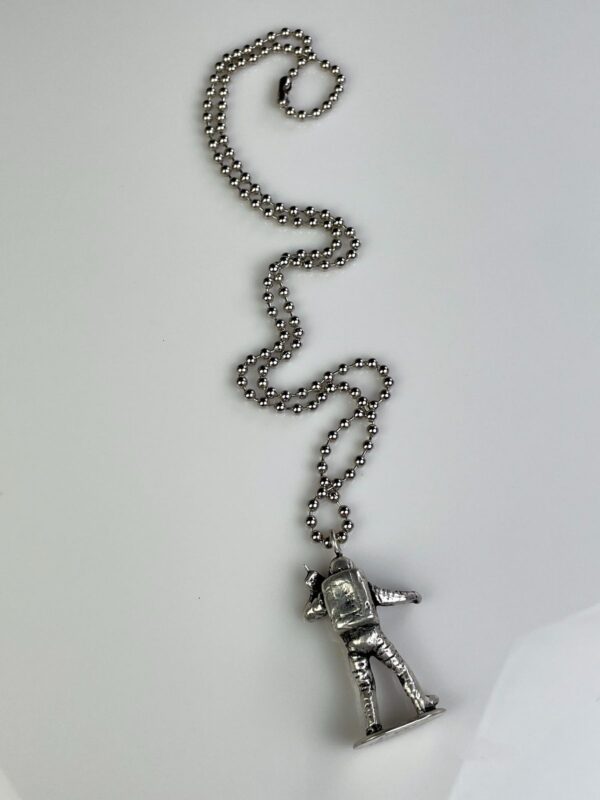 SILVER PLATED SOLID BRASS CASTED MOON MAN TOY REPLICA PENDANT NECKLACE, HEAVY BALL CHAIN