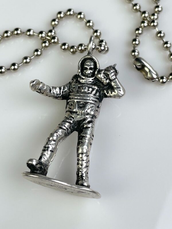 SILVER PLATED SOLID BRASS CASTED MOON MAN TOY REPLICA PENDANT NECKLACE, HEAVY BALL CHAIN
