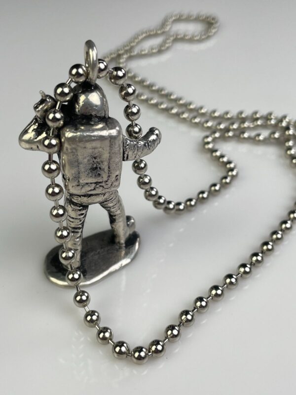 SILVER PLATED SOLID BRASS CASTED MOON MAN TOY REPLICA PENDANT NECKLACE, HEAVY BALL CHAIN