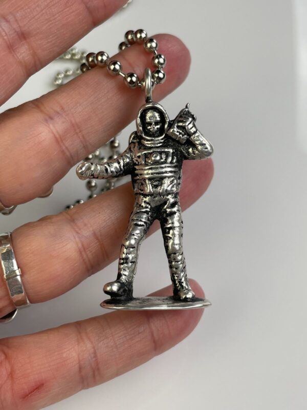 SILVER PLATED SOLID BRASS CASTED MOON MAN TOY REPLICA PENDANT NECKLACE, HEAVY BALL CHAIN