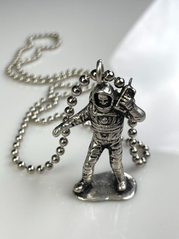 SILVER PLATED SOLID BRASS CASTED MOON MAN TOY REPLICA PENDANT NECKLACE, HEAVY BALL CHAIN
