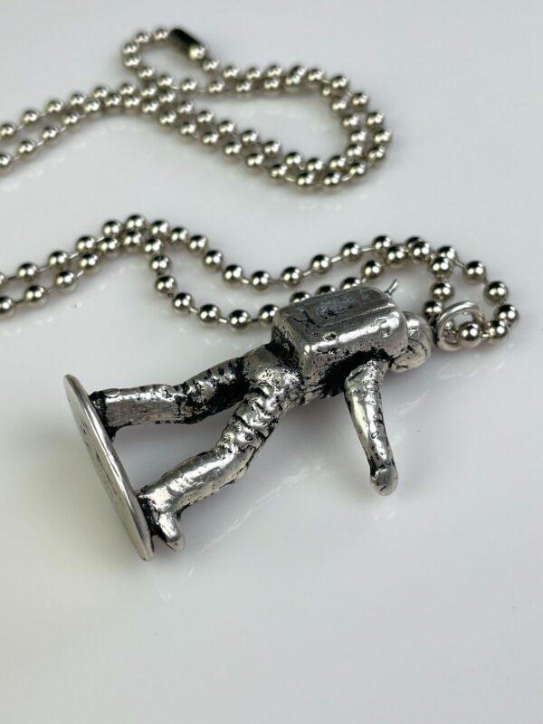 SILVER PLATED SOLID BRASS CASTED MOON MAN TOY REPLICA PENDANT NECKLACE, HEAVY BALL CHAIN