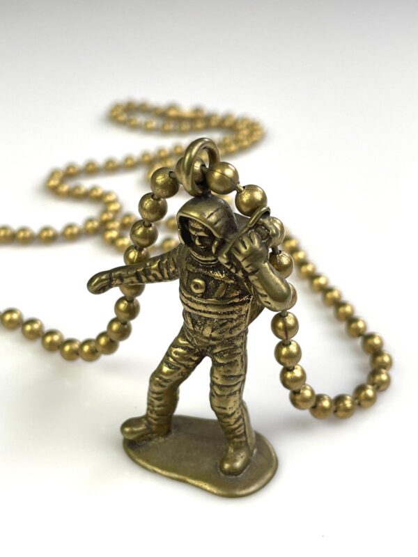 SOLID BRASS CASTED MOON MAN TOY REPLICA PENDANT NECKLACE, HEAVY BALL CHAIN