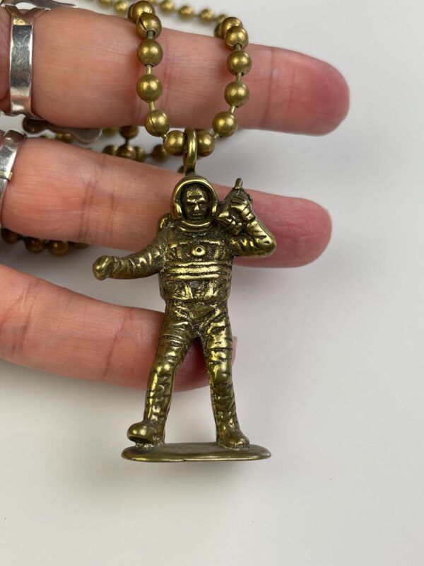 SOLID BRASS CASTED MOON MAN TOY REPLICA PENDANT NECKLACE, HEAVY BALL CHAIN