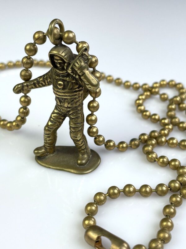 SOLID BRASS CASTED MOON MAN TOY REPLICA PENDANT NECKLACE, HEAVY BALL CHAIN