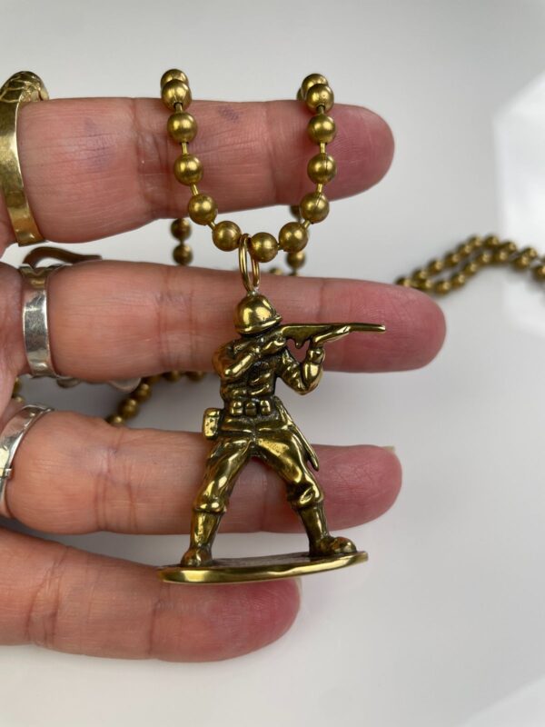 SOLID BRASS CASTED ARMY MAN TOY REPLICA PENDANT NECKLACE, HEAVY BALL CHAIN
