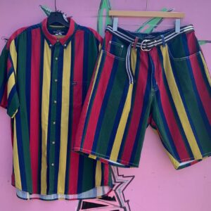 Photo detail:3 PIECE SET - 1990S VERTICAL STRIPED COLOR BLOCK SHORT SLEEVE BUTTON DOWN SHIRT & SHORTS + BELT