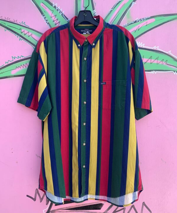 3 PIECE SET - 1990S VERTICAL STRIPED COLOR BLOCK SHORT SLEEVE BUTTON DOWN SHIRT & SHORTS + BELT