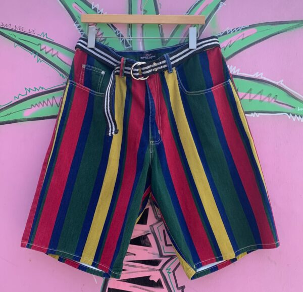 3 PIECE SET - 1990S VERTICAL STRIPED COLOR BLOCK SHORT SLEEVE BUTTON DOWN SHIRT & SHORTS + BELT