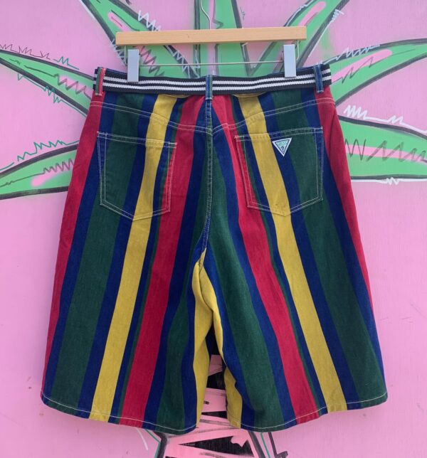 3 PIECE SET - 1990S VERTICAL STRIPED COLOR BLOCK SHORT SLEEVE BUTTON DOWN SHIRT & SHORTS + BELT