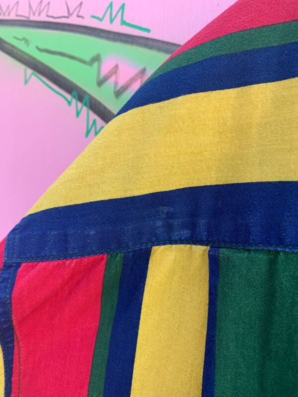 3 PIECE SET - 1990S VERTICAL STRIPED COLOR BLOCK SHORT SLEEVE BUTTON DOWN SHIRT & SHORTS + BELT