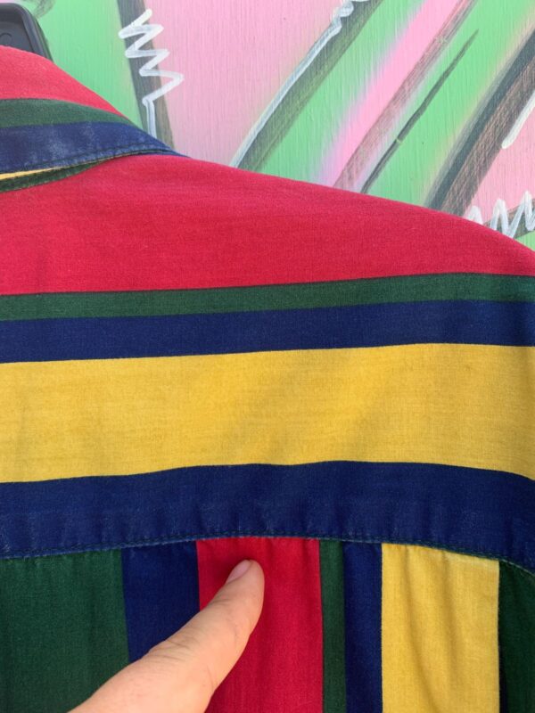 3 PIECE SET - 1990S VERTICAL STRIPED COLOR BLOCK SHORT SLEEVE BUTTON DOWN SHIRT & SHORTS + BELT