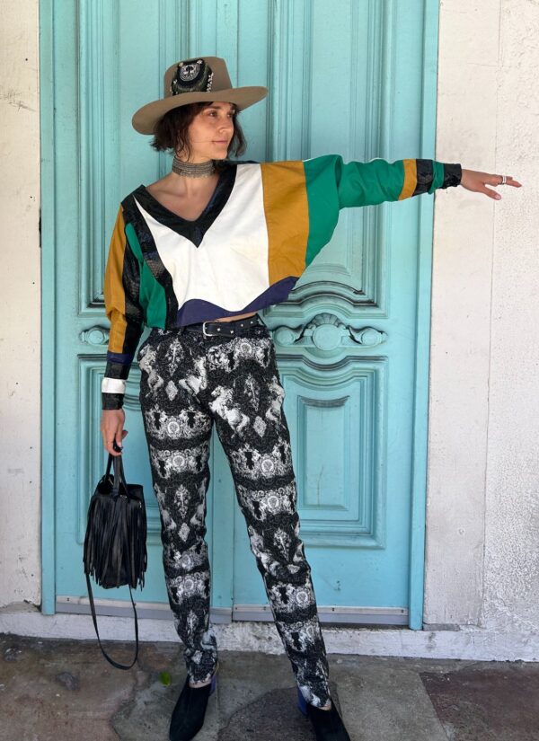 INSANELY AMAZING!!! 1980S LEATHER PATCHWORK CROPPED LONG SLEEVE DOLMAN TOP, SNAKESKIN PANELS