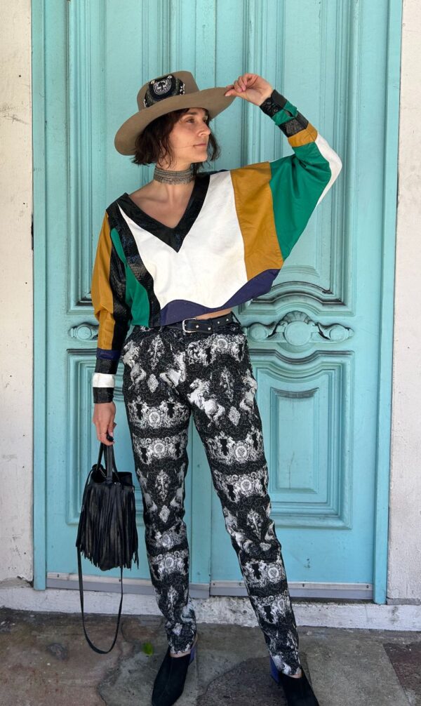 INSANELY AMAZING!!! 1980S LEATHER PATCHWORK CROPPED LONG SLEEVE DOLMAN TOP, SNAKESKIN PANELS