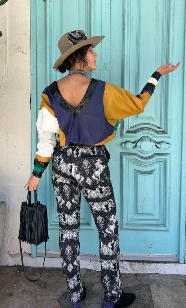 INSANELY AMAZING!!! 1980S LEATHER PATCHWORK CROPPED LONG SLEEVE DOLMAN TOP, SNAKESKIN PANELS