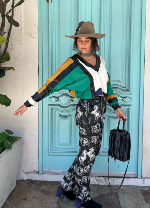 INSANELY AMAZING!!! 1980S LEATHER PATCHWORK CROPPED LONG SLEEVE DOLMAN TOP, SNAKESKIN PANELS